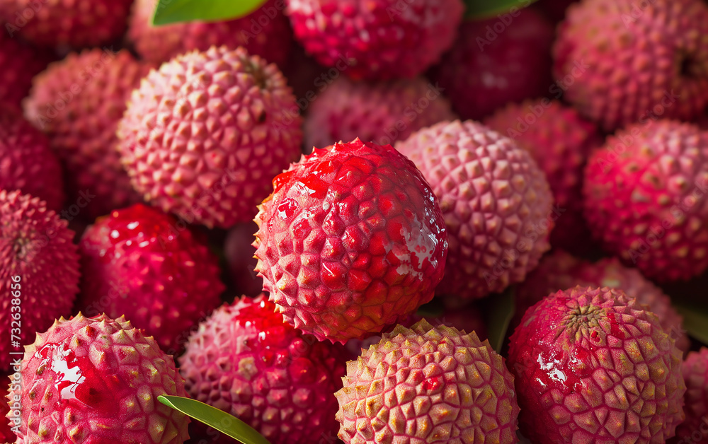 Close-up of Lychee Fruit Pile with Leaves Close-up of Lychee Fruit Pile with Leaves