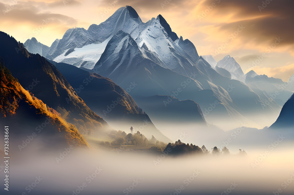 A Majestic Mountain Range Shrouded in Mist: Capturing the Raw Beauty and Power of Nature's Grandeur