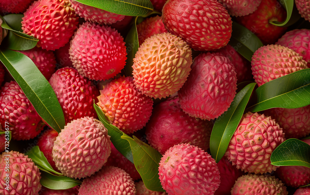 Close-up of Lychee Fruit Pile with Leaves Close-up of Lychee Fruit Pile with Leaves