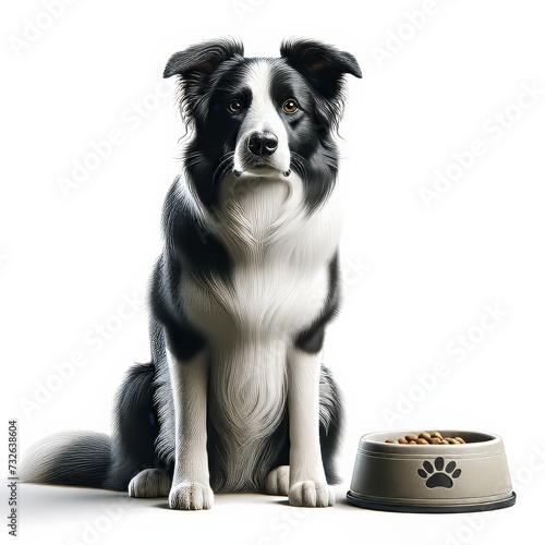 border collie dog and food bowl on a white background