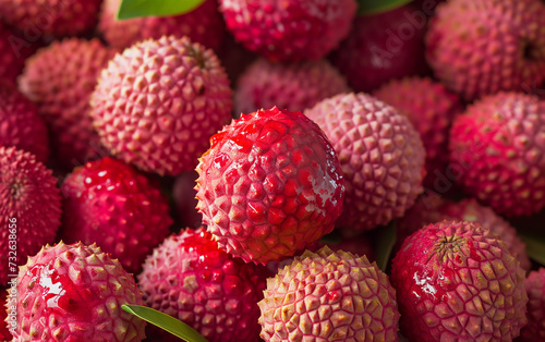 Close-up of Lychee Fruit Pile with Leaves