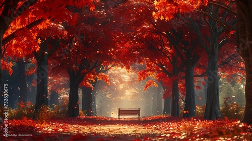 Lonely bench under a canopy of fiery maple trees  leaves carpeting the ground  a scene of quiet contemplation