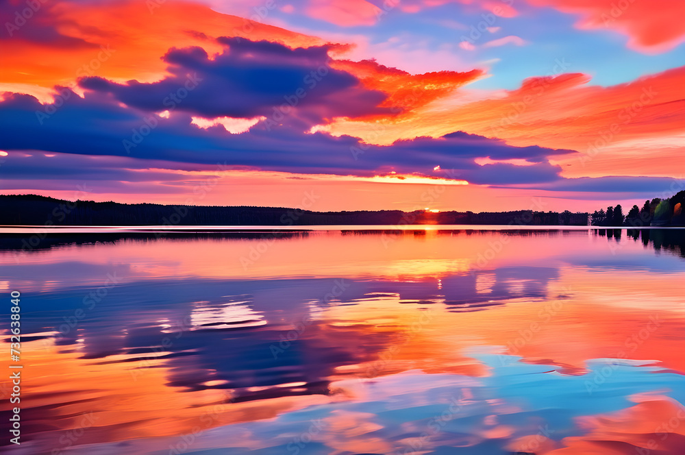 A Serene Sunset Over Tranquil Lake: Reflecting Vibrant Hues Paint the Sky in Nature's Masterpiece