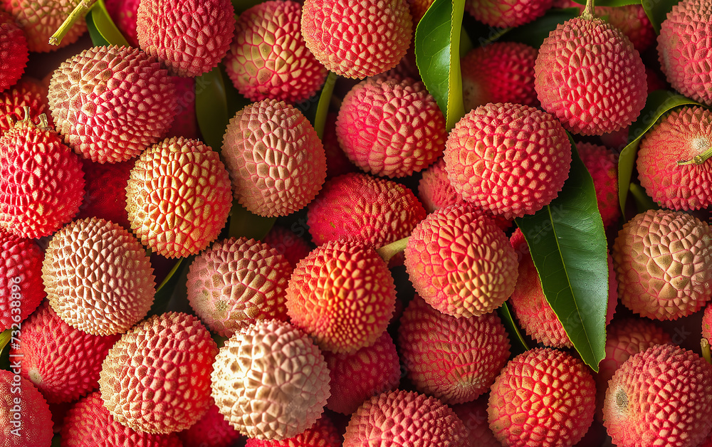 Close-up of Lychee Fruit Pile with Leaves Close-up of Lychee Fruit Pile with Leaves