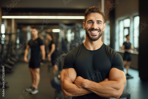 Attractive muscular man in sportswear stands against the backdrop of a gym and exercise equipment. Personal trainer in a sports club smiles and looks at the camera.