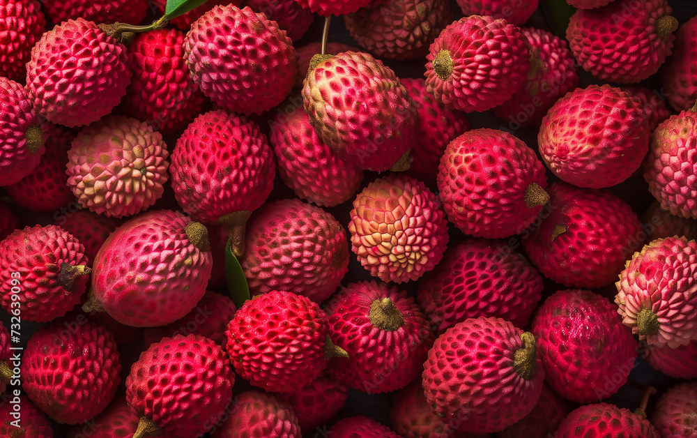 Close-up of Lychee Fruit Pile with Leaves Close-up of Lychee Fruit Pile with Leaves