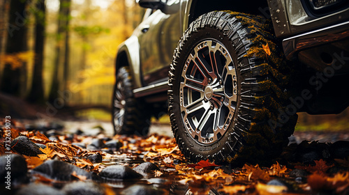 Closeup of off-road vehicle wheels on forest path