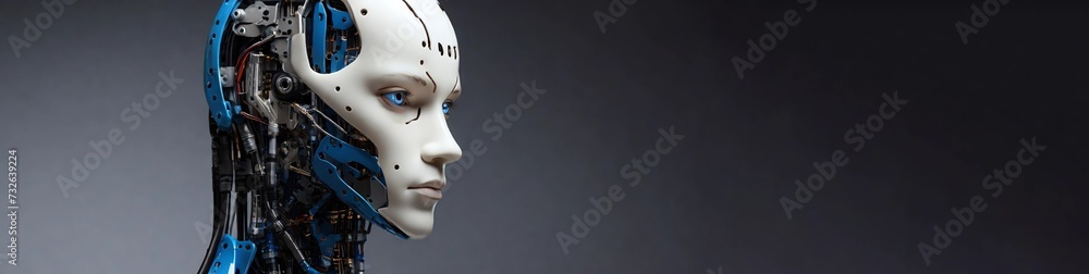 Fototapeta premium A profile view of a humanoid robot with a visible intricate blue circuitry inside the head, reflecting advanced artificial intelligence technology.