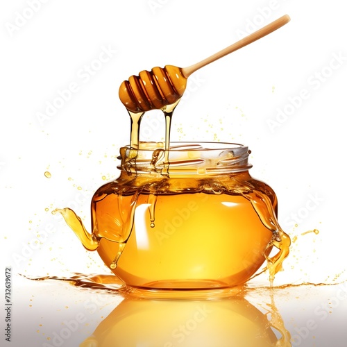 honey dripping from a glass jar isolated on white background