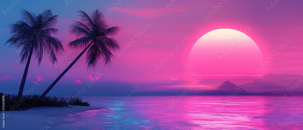 Synthwave Retro Blue And Pink Palms With Sunset  Background Wallpaper - obrazy, fototapety, plakaty 