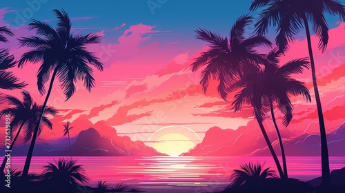 Synthwave Retro Blue And Pink Palms With Sunset  Background Wallpaper © Mikee