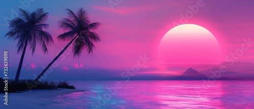 Synthwave Retro Blue And Pink Palms With Sunset Background Wallpaper