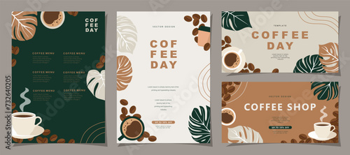 Set of sketch banners with coffee beans and leaves on minimal background for invitations, cards, banner, poster, cover, cafe menu or another template design. vector illustration. photo