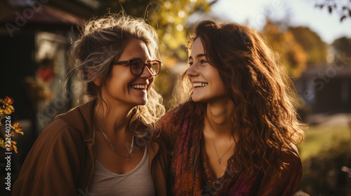 Two beautiful smiling woman. Concept of happy family or friends, blurred background