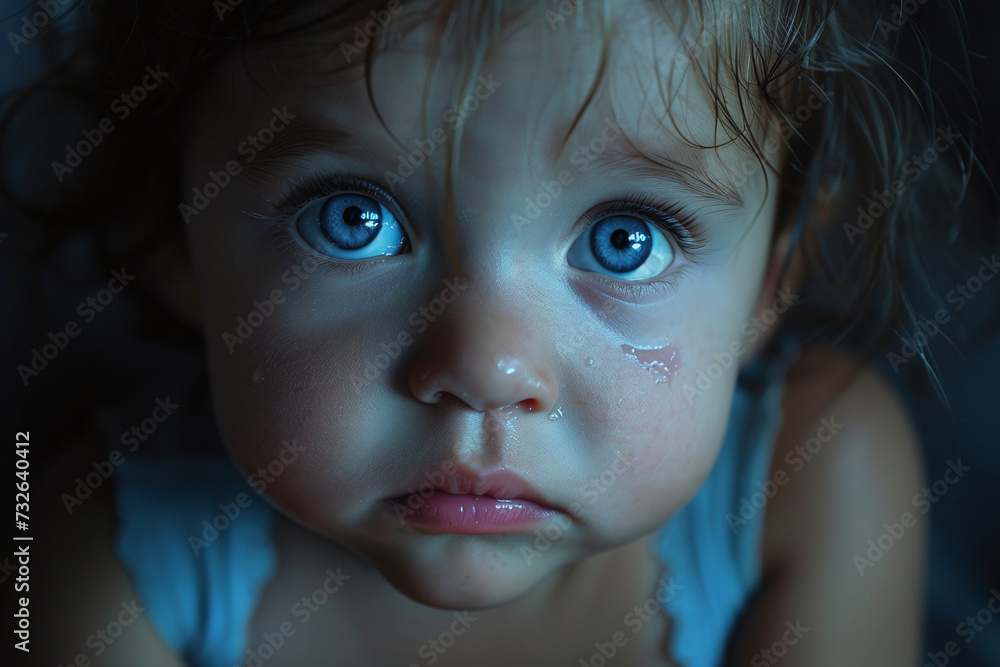 Portrait of a small, sad child, sad look of children's blue eyes Portrait of a small, sad child, sad look of children's blue eyes