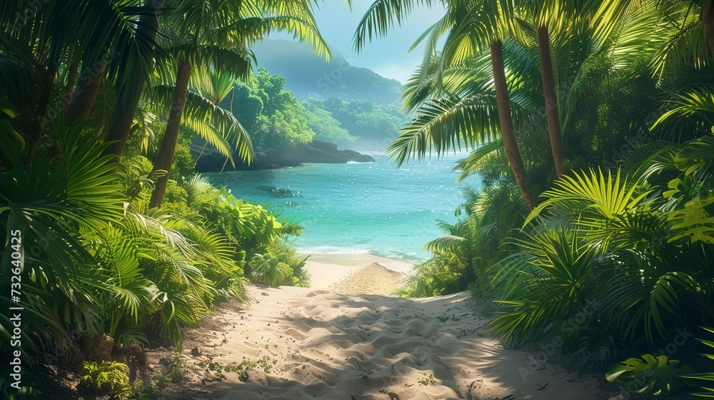 Lush tropical foliage leading to a hidden beach, a secret paradise discovered at the end of a jungle path  - obrazy, fototapety, plakaty 