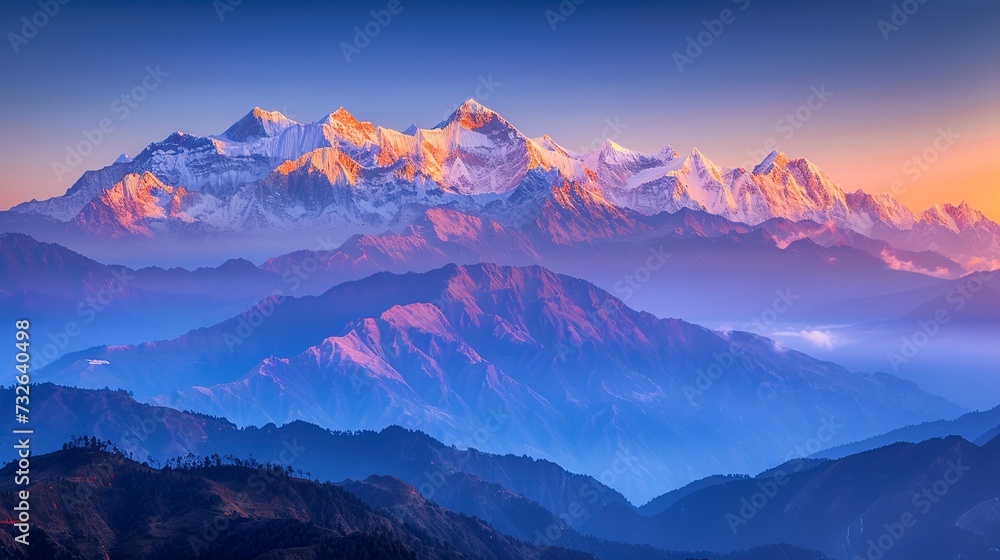 Majestic sunrise over the Himalayas, light casting golden hues on snow-capped peaks, serene and untouched wilderness 