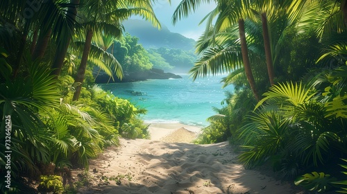 Lush tropical foliage leading to a hidden beach, a secret paradise discovered at the end of a jungle path 