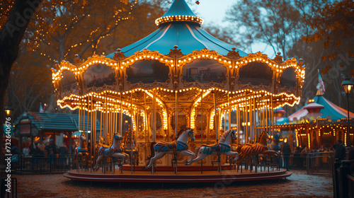 Fair - carnival - merry-go-round - amusement park - sunset - neon lights 