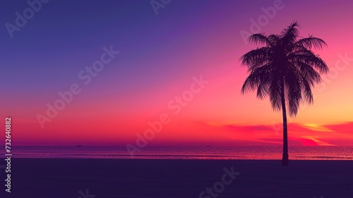 Minimalist beach sunset, a simple horizon line with a gradient of purple to orange, a silhouette of a single palm tree 