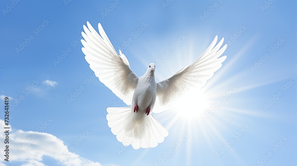 White dove flying .Dove in the air with wings wide open in the bright blue sky White dove flying .Dove in the air with wings wide open in the bright blue sky