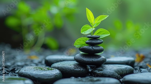 Spiritual Harmony  An artful depiction of zen wellness with a stack stone arrangement and a vibrant green plant  promoting spiritual balance and tranquility