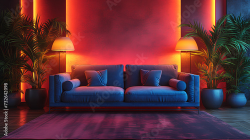 Living room - stylish - design and decor - meticulous symmetry -perfectly centered composition - neon 