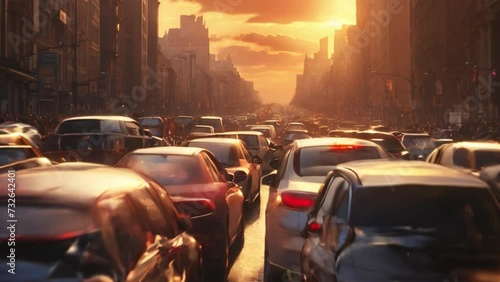 Heavy traffic Many cars at standstill in city traffic at sunset 4K photo