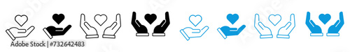 Hands holding heart icon set. Heart in hand icons collection. Love icon. Health, medicine symbol. Vector illustration.