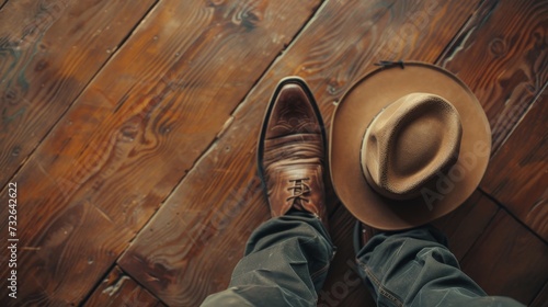 Vintage style wild west retro cowboy hat and pair of old leather boots on wooden floor. photo