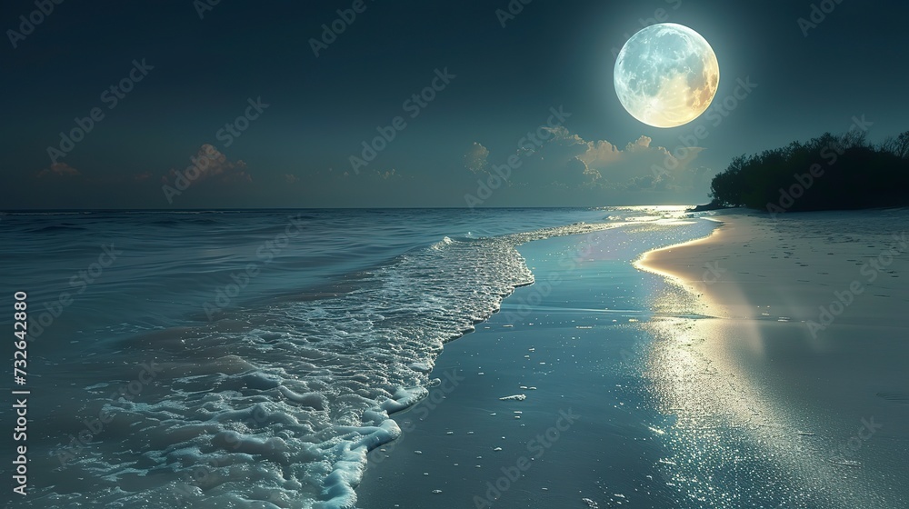Moonlit tropical beach, soft moonlight reflecting on calm waters, the peaceful solitude of a perfect night - obrazy, fototapety, plakaty 
