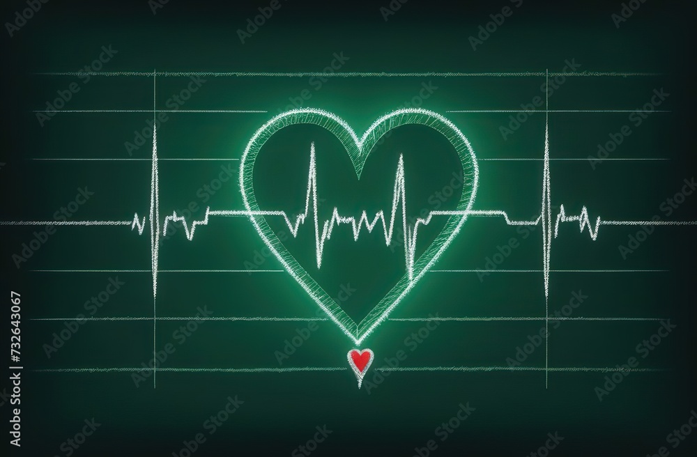 cardiogram line with a heart in the middle of the line drawn in chalk on a uniform dark green background