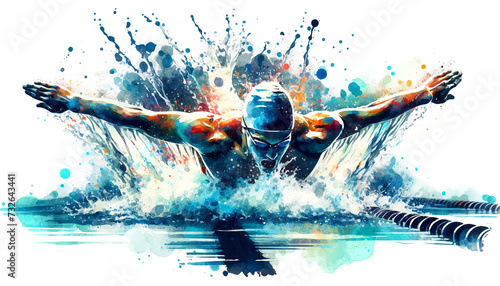 A dynamic watercolor illustration of a swimmer diving with explosive energy, merging realistic form with abstract splashes, symbolizing motion and aquatic athleticism.Sport concept.AI generated.