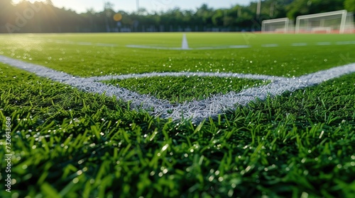 Vibrant green artificial grass football field, emphasizing the sports atmosphere with a focus on the corner line