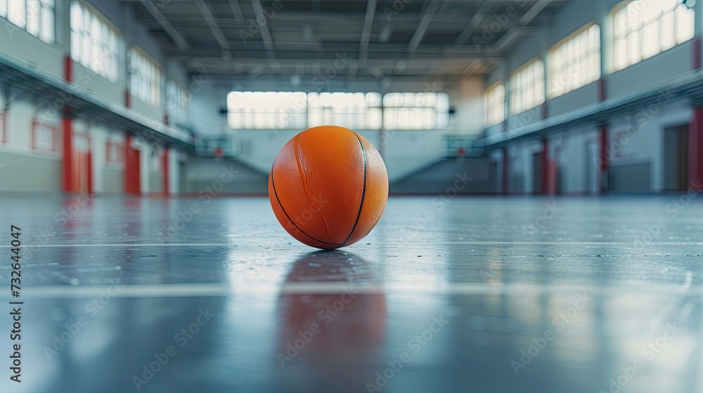 Vibrant orange basketball bouncing on the court, symbolizing the excitement and challenge of indoor sports competition Vibrant orange basketball bouncing on the court, symbolizing the excitement and challenge of indoor sports competition
