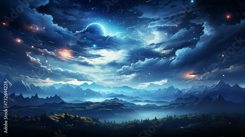 Panoramic view of light moon with clouds and stars photo