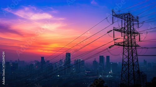 Electric pole in an industrial cityscape backdrop, capturing the essence of energy business and urban development