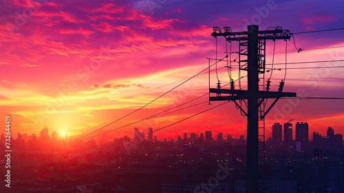 Electric pole in an industrial cityscape backdrop, capturing the essence of energy business and urban development photo