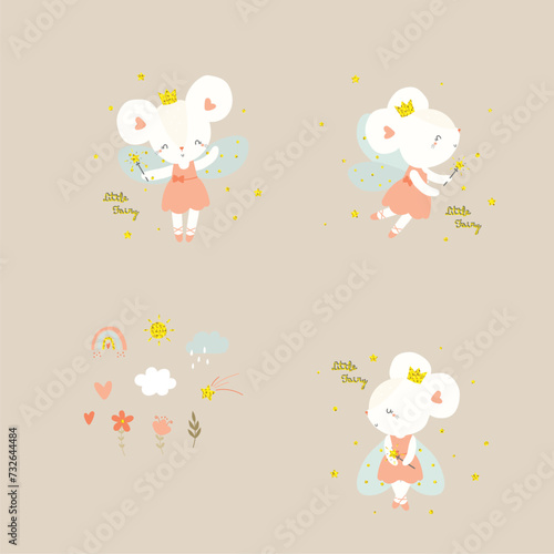 cute fairy mouse vector print illustration for children's design. For postcards, posters, prints, etc.