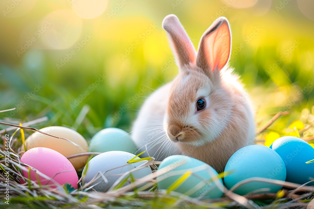Easter bunny with colored eggs. Easter symbol Easter bunny with colored eggs. Easter symbol