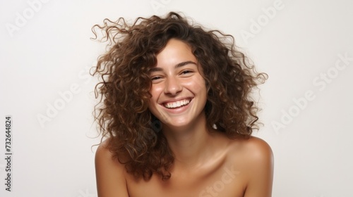 Curly-haired woman in studio with skincare products Generative AI