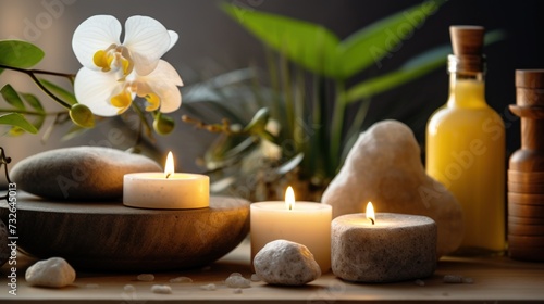 Relaxing Aromatherapy Setup with Stones and Flowers Generative AI