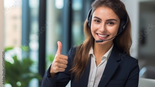 Consultant giving thumbs up during call center conversation Generative AI