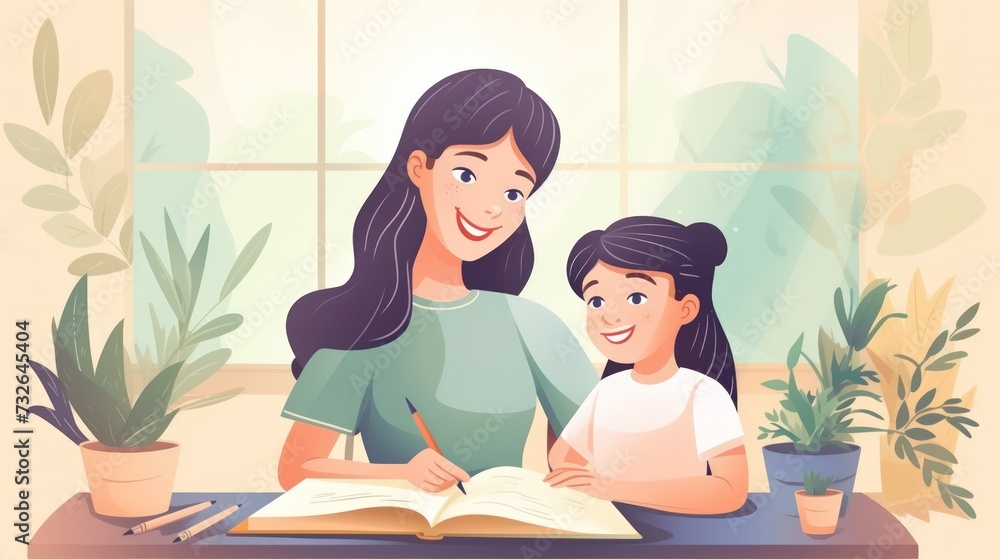 Teacher helping girl with writing and studying in classroom Generative AI Teacher helping girl with writing and studying in classroom Generative AI