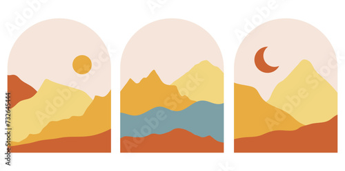 Set of boho mountains landscapes with blue river in the mid century arche. Modern terracotta and yellow vector illustration.