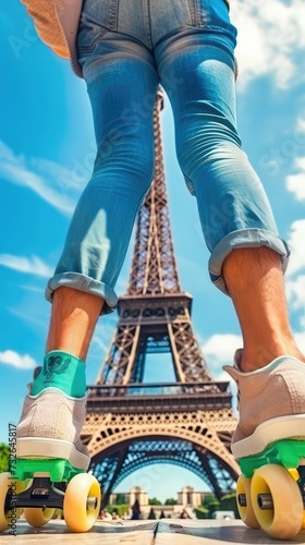A guy rollerblades in Paris. Holiday in France concept