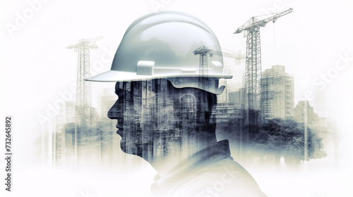 Double exposure of engineer and building construction on white background