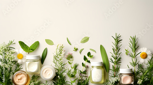Jars of cream surrounded by herbs and flowers on a white background. photo