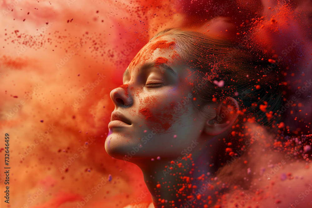 Poster for Indian Holi Festival. Portrait of a woman in the midst of a color powder explosion Poster for Indian Holi Festival. Portrait of a woman in the midst of a color powder explosion