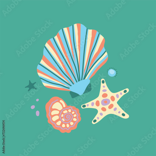 Vector illustration with sea creatures. Shell  starfish and pearl. Hand drawn cartoon style on a bright colored background. A set of isolated elements for decorating cards  souvenirs.